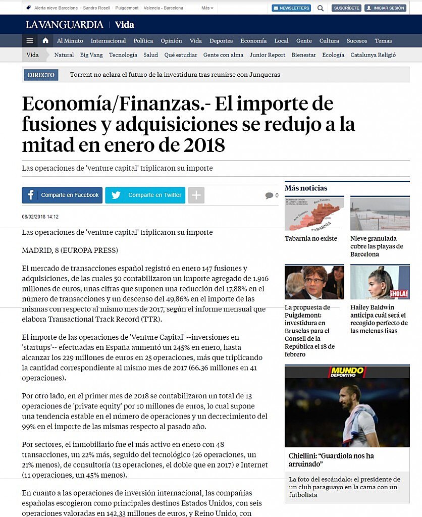 El importe de fusiones y adquisiciones se redujo a la mitad en enero de 2018